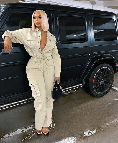 FB SPORT BEIGE UTILITY JUMPSUIT